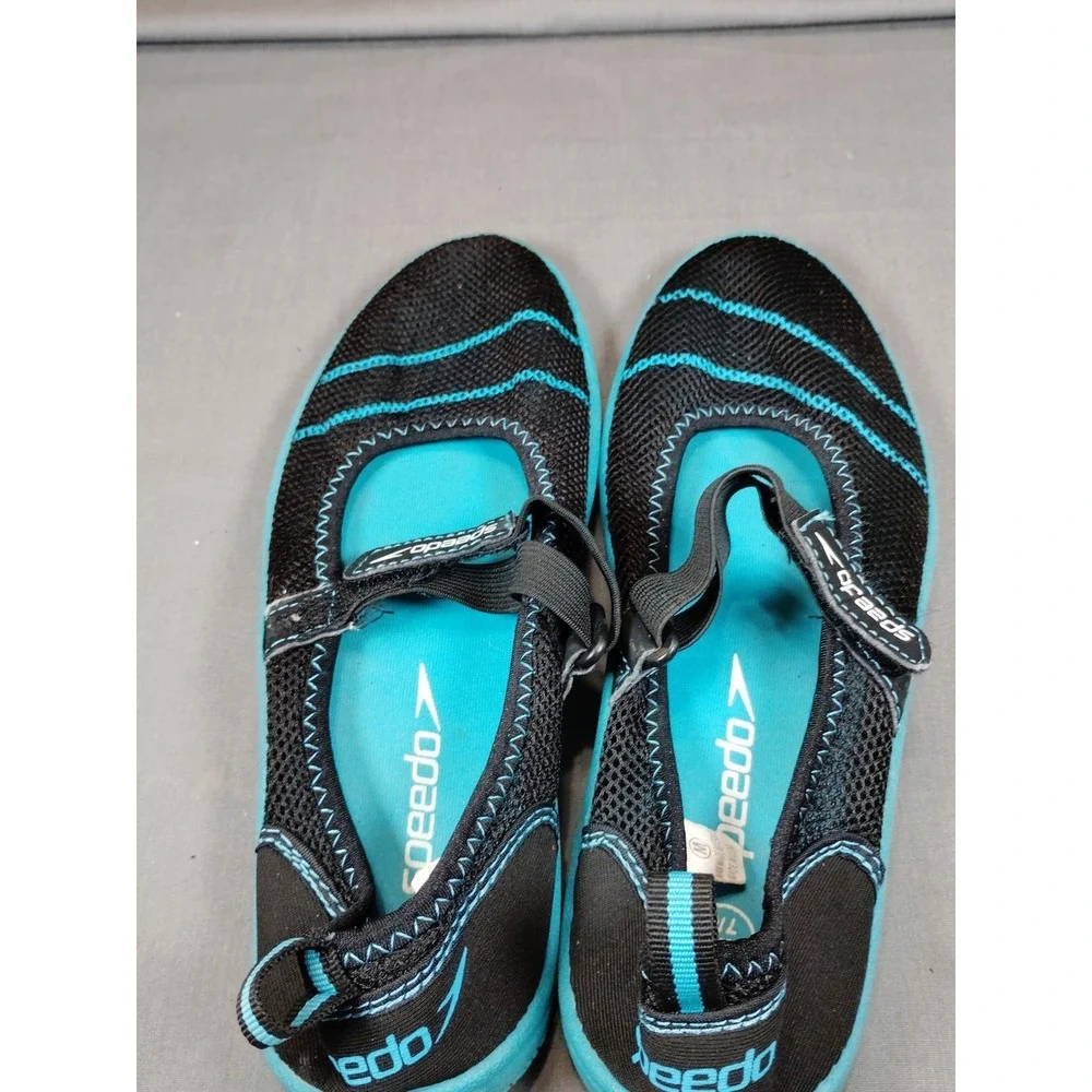 Speedo Water Shoes Black Teal Mesh Slip-On Adjustable Strap‎ Women 8 Anti Slip